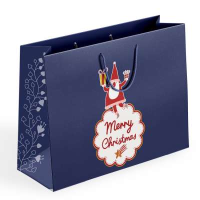 RTS recyclable blue color merry christmas custom gift paper packaging for christmas paper bags